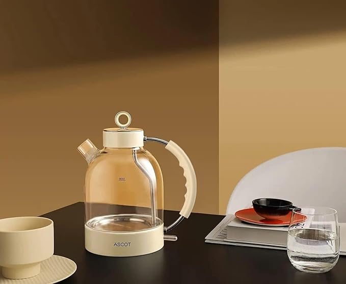 ASCOT Electric Kettle, Glass Electric Tea Kettle Boiler Gifts for Men/Women/Family 1.5L 1500W Borosilicate Glass Tea Heater, with Auto Shut-Off and Boil-Dry Protection (Cream)