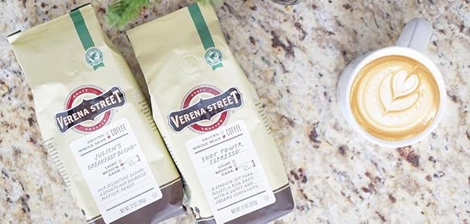 Verena Street 12 Ounce Whole Bean Coffee, Medium Roast, Julien's Breakfast Blend, Rainforest Alliance Certified Arabica Coffee