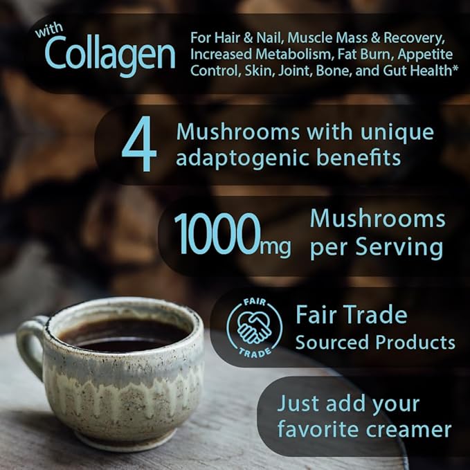 Sleep Boost with Kava Organic mushroom Instant Coffee - 10 x 9g Packets - Healthy Coffee alternative and Substitute - With Collagen, Lions Mane and Antioxidants