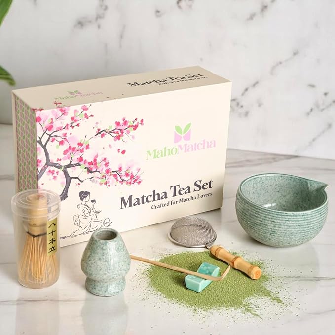 Whisk Set – 6-Piece Matcha Bowl & Bamboo Whisk Kit with Bowl, Scoop, Sifter, Ceramic Chasen Holder & Premium Gift Box | Cute Japanese Matcha Ceremony Tea Set for Making Breakfast & Latte