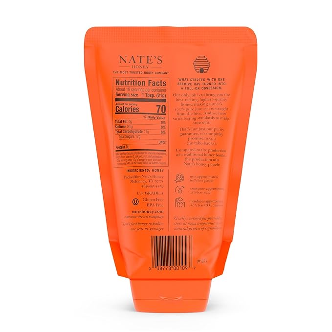 Nate's 100% Pure, Raw & Unfiltered Honey, No-Drip Sustainable Squeeze Pouch; Purity Guarantee, No Additives, 14 Ounce