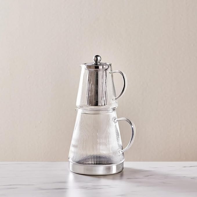 Karaca Keops Turkish Teapot with Infuser and Lid (450 ml Tea Pot & 1500 ml Induction Kettle) - Borosilicate Glass Teapot Set for Stovetops - Clear Tea Maker with 10-15 Cups Capacity