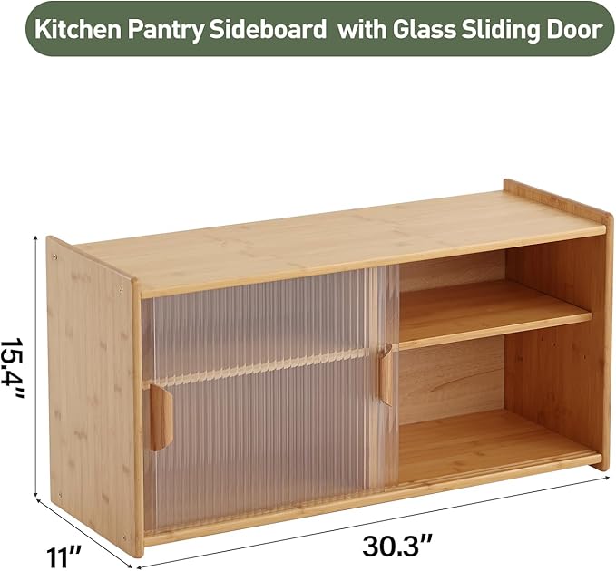 Wall Mounted Bamboo Countertop Storage Cabinet with Glass Door, Hanging Kitchen Cupboard with Adjustable Shelves, Small Pantry Sideboard for Dining Room, Bathroom, Wood