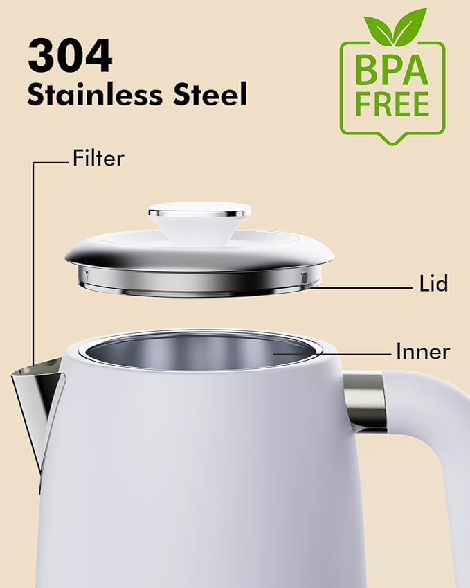 Retro Electric Tea Kettle 1L, Stainless Steel Water Boiler with Built-in Thermometer, BPA-Free, Fast Boil, Auto Shut-Off, Perfect for Home, Office, Dorm, Pure Water, Drip-Free Spout, White