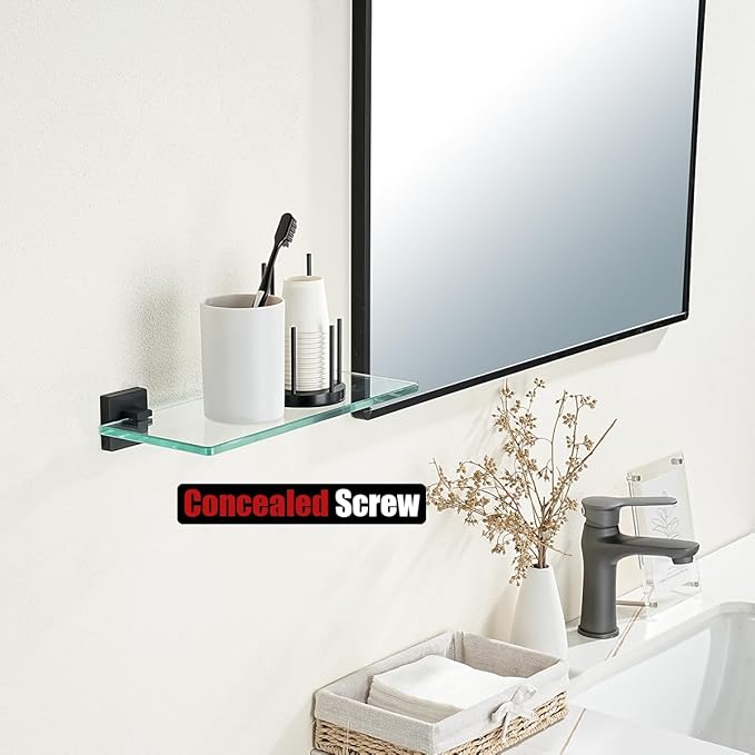 JQK Bathroom Glass Shelf Black, Tempered Glass Shower Storage 12 by 5 inches, 304 Stainless Steel Matte Black Wall Mount 2 Pack, TGS201L12-PB-P2