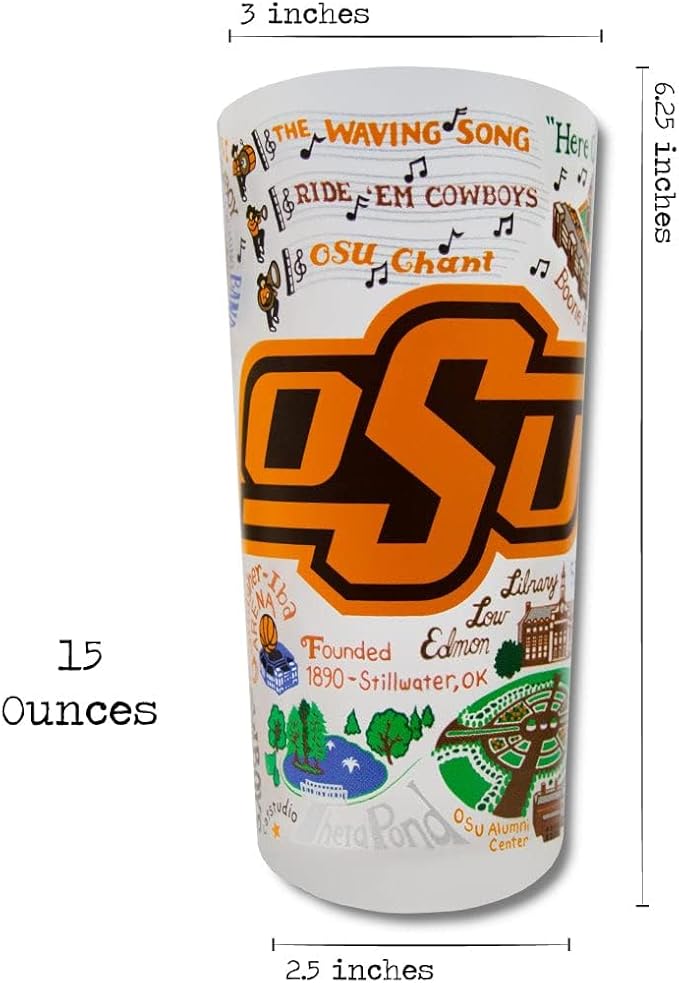 Catstudio Drinking Glass, Oklahoma State University Glass Cup for Kitchen, 15oz Dishwasher Safe Tumbler for OSU Alumni