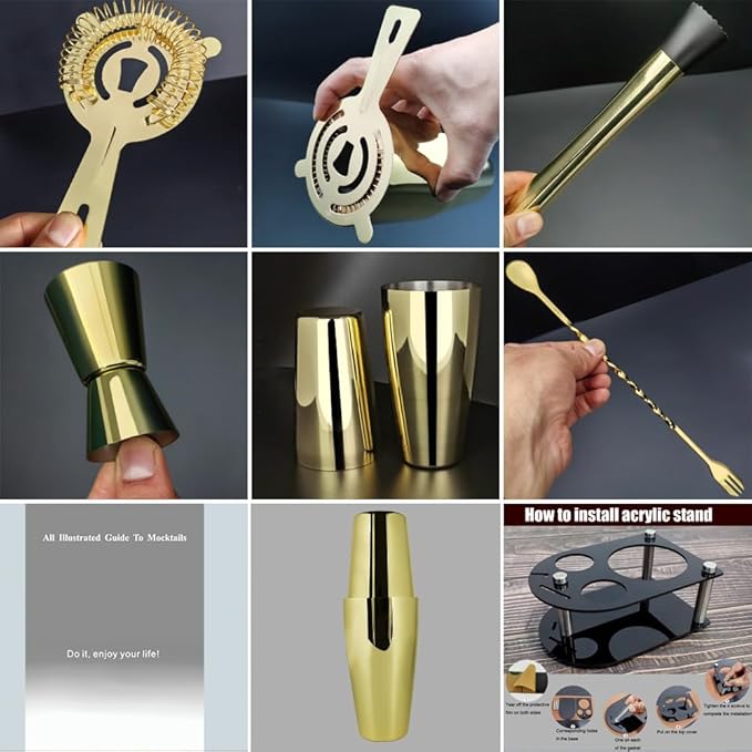 5 Piece Cocktail Shaker Bartender Kit: 750/600ml(25/20oz) Cocktail Shaker Set with Stand, Drink Mixing Includes Martini Shaker,Strainer,Jigger,Bar Mixer Spoon,Muddler Bar Tool Set (Gold)