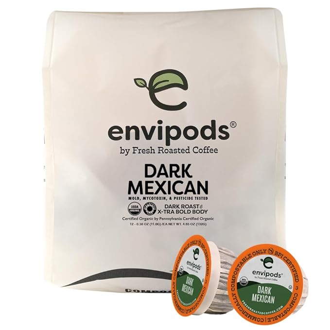 Fresh Roasted Coffee, Organic Dark Mexican envipods | Mold & Myco 3rd Party Tested, BPI Compostable, USDA Organic, Kosher | Dark Rst 12 CT Compatible With 1.0 & 2.0 K Cup Brewers