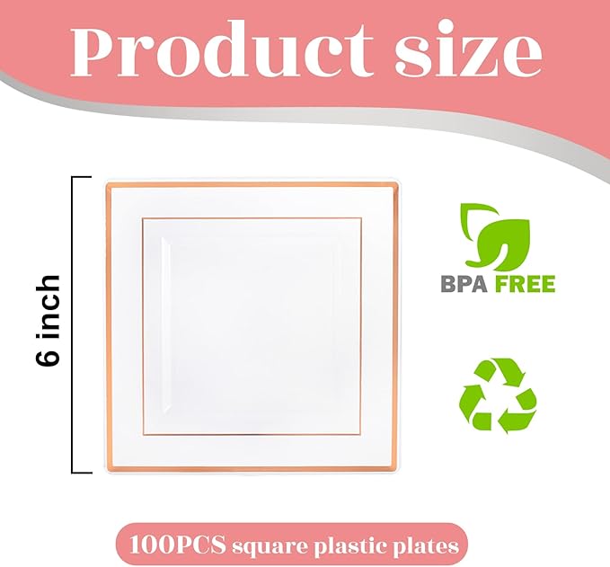 bUCLA 100 Pieces Clear Rose Gold Square Plastic Plates - 6 Inch Clear Plastic Dessert/Cake Plates with Rose Gold Trim Disposable - Ideal for Party, Wedding, Mother's Day & Valentine's Day