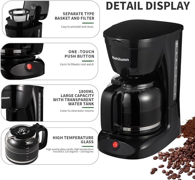 12 Cup Drip Coffee Maker Machine, Coffee Pot Machine Permanent Coffee Filter,1.8L Glass Carafe Electric Coffee Maker,950W Black