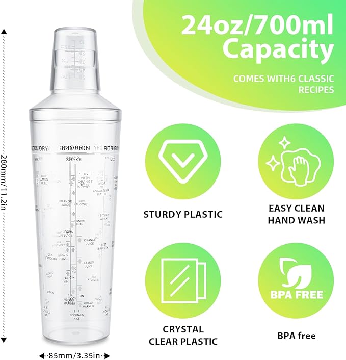 Plastic Boston Cocktail Shaker Set, 6 Pack 24oz Shatterproof Bartender Kit with Built-in Strainer Lids, Travel Bar Tools for Beginners, Mixing Martinis, Margaritas (700ML-B, 6 pack)