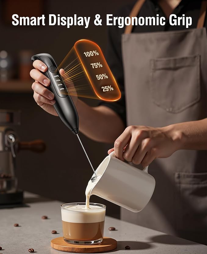 Electric Milk Frother Handheld: Rechargeable 3 in 1 - LED Digital Display with 3 Speeds Portable Stainless Steel Drink Foam Mixer for Milk Coffee, Lattes, Cappuccino, Matcha - Charcoal Black