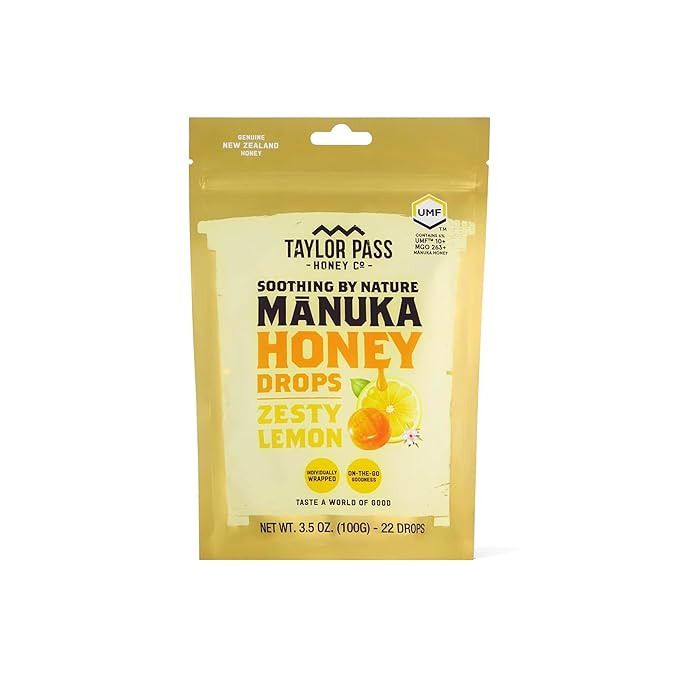 Taylor Pass Honey Co Mānuka Honey Drops UMF™ 10+| Zesty Lemon | Mānuka Honey Lozenges | Soothing Natural Manuka On-The-Go | 22 Individually Wrapped Drops | Made in New Zealand