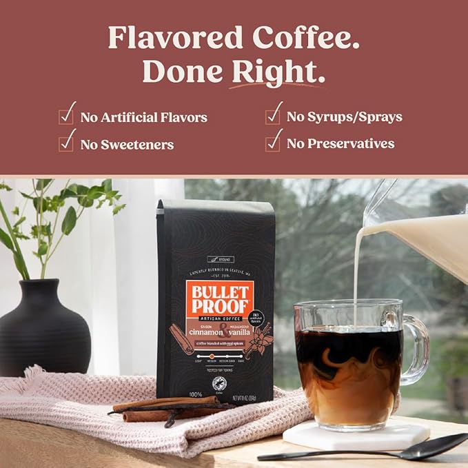 Bulletproof Cinnamon & Vanilla Flavored Ground Coffee, 10 Ounces, Medium Roast, Clean Coffee Tested for Toxins, No Artificial Flavors, 100% Arabica Beans