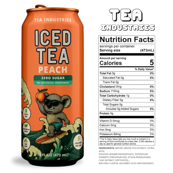 Green Tea with Peach Iced Tea – Sugar Free, Low Calorie Antioxidant Drink, Fruity Flavor, 16oz Cans (12-Pack)
