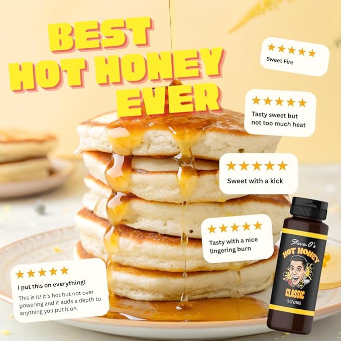 Steve-O's Hot Honey - Classic | Golden Honey & Carolina Reaper Peppers, Sweet & Spicy | Marinades, Dressings, Pizza, Wings, Breakfast & More (12 oz)