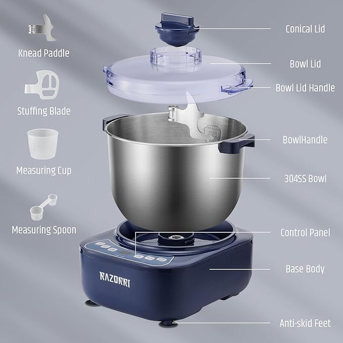 Razorri Electric Dough Maker, 6.5QT Household Dough Mixer with Ferment Function Microcomputer Timing with Stuffing Blade Stainless Steel Bowl for Bread Pizza Noodle