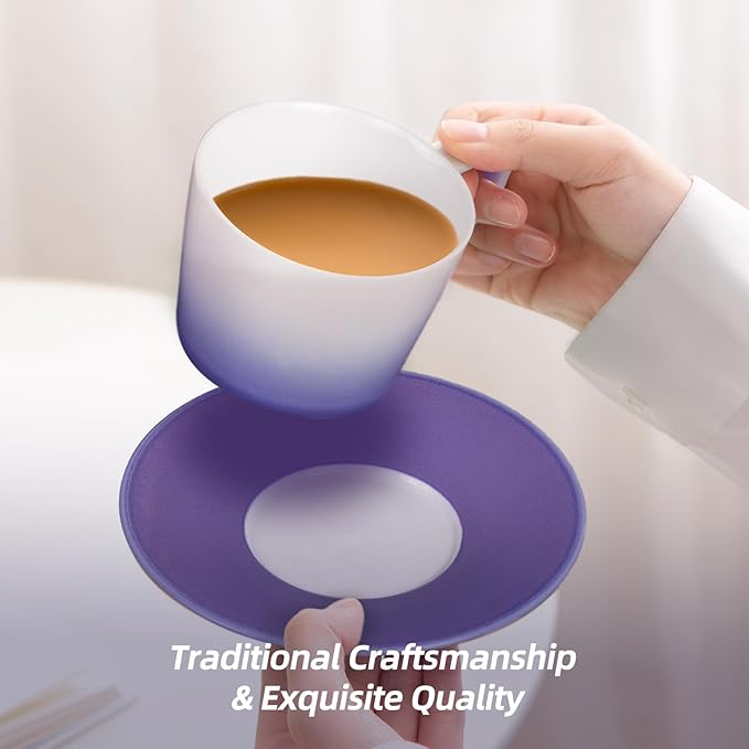 KAMMAK Ceramic Coffee Cups and Saucers Set of 2, Porcelain Espresso Cups with Saucers, 7 oz Handcrafted Ceramic Coffee and Tea Cup, Gradient Purple Drinkware for Tea Party, Office, Women Gifts