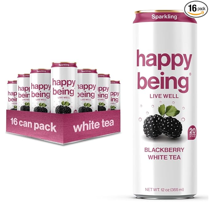 Happy Being Sparkling Nutrient-Rich Blackberry Citrus White Tea – Infused with Turmeric, Elderberry, Vitamin D3, Caffeine Free, Plant-Based, Low Calorie & Low Sugar Drinks, 12oz (16 Pack)
