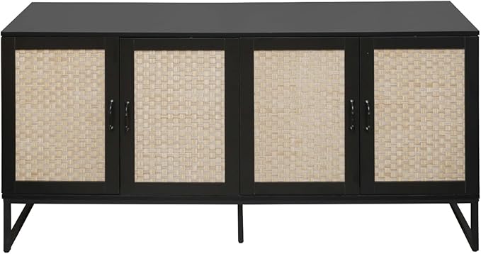 Kitchen Buffet Cabinet with 4 Rattan Decorated Doors, 59" Boho Cupboard with Metal Feet, Accent Buffet Console Storage Credenza for Living Room, Dining Room, Hallway, Office, Black