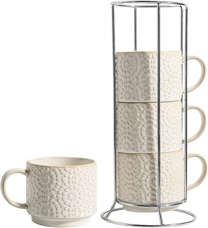 6 Oz Coffee Cups Set of 4, Stackable Coffee Mugs with Stand, Ceramic Cappuccino Cup, Embossed Espresso Cups for Latte, Tea, Cocoa, Mocha, Housewarming Present, Dishwasher Safe