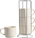 6 Oz Coffee Cups Set of 4, Stackable Coffee Mugs with Stand, Ceramic Cappuccino Cup, Embossed Espresso Cups for Latte, Tea, Cocoa, Mocha, Housewarming Present, Dishwasher Safe