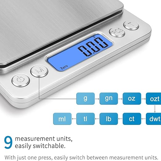 Digital Kitchen Scale 500g 0.01g Food Scale High Precision Kitchen Digital Scale Multifunctional Stainless Steel Pocket Scale with Back-Lit LCD Display, 9 Weighing Units Switch