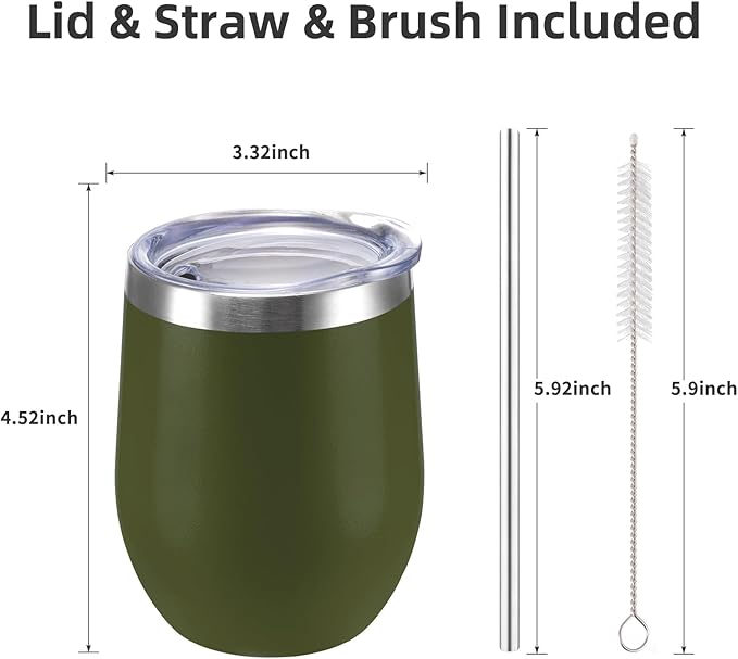 12 oz Insulated Wine Tumbler with Lid and Straw,Stainless Steel Stemless Wine Tumbler Glasses Double Wall Vacuum Wine Cups Tumbler Bulk for Coffee,Champaign,Office(Navy Green,4)