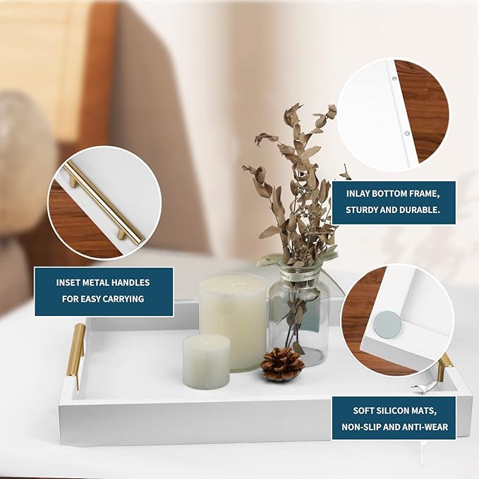 Wooden Decorative Coffee Table Tray, 16" Matte Finish Serving Tray with Handles for Ottoman, Living Room, Perfume, Vanity Dresser Organizer (Ivory White)