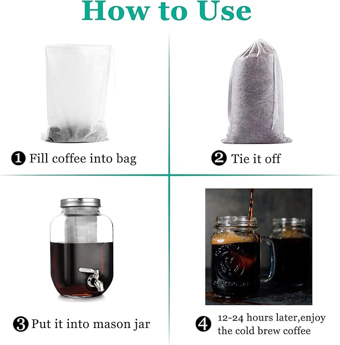 Yzurbu 100pcs 8''x12'' Cold Brew Coffee Bags, No Mess Disposable Filter Bag with Drawstring for Coffee Grounds & Ice Tea