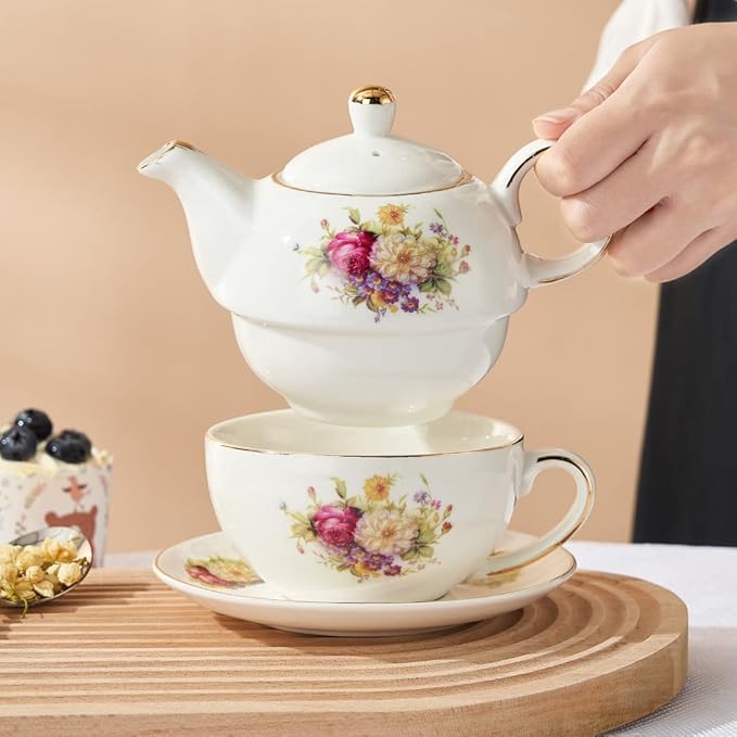 European Porcelain Tea for One, Vintage Floral Teapot and Saucer Set, Gold Trim Floral Teapot, Tea Cup with Saucer Set