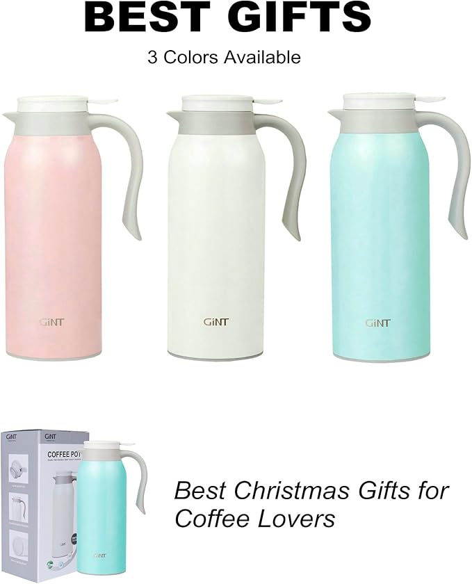 GiNT 51 Oz Stainless Steel Thermal Coffee Carafe, Double Walled Vacuum Insulated Flask, 12 Hour Heat Retention, 1.5 Liter Tea, Water, and Coffee Dispenser (Upgraded version Blue)