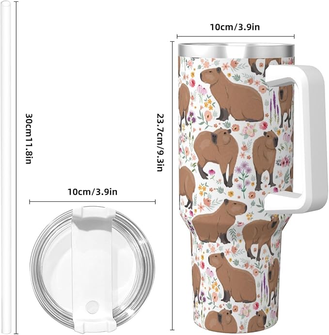Capybara Gifts Capybara Tumbler Water Bottle Cup for Girls, Teens, Women, Men Stainless Steel Vacuum Insulated 40oz Tumbler with Lid and Straw for Water, Iced Tea or Coffee, White