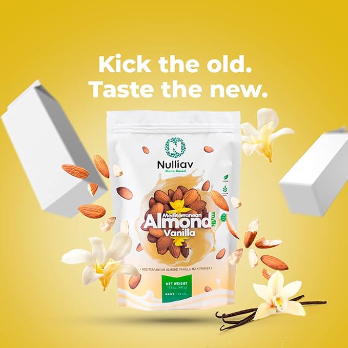 NULLIAV | Almond Milk Powder Vanilla - High Protein Blend with Prebiotic Fiber powder For Gut Health and Digestion - Vegan Plant Based Dairy Free Formula For Lactose Intolerance - 7.75oz Bag Portable Convenient