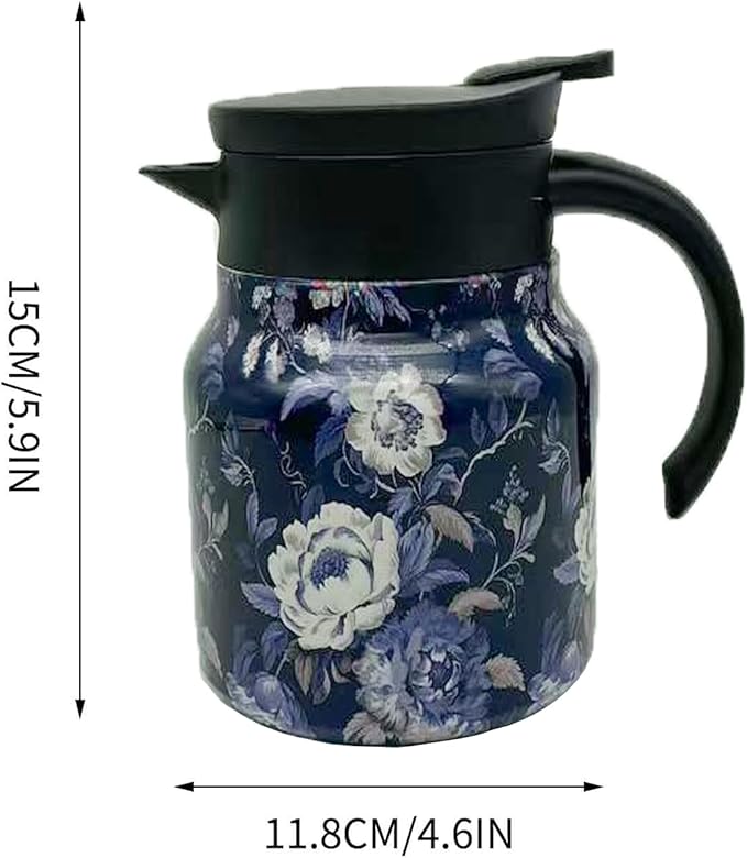 Vintage Floral Pattern Teapot, Doresty Tea Pot, Vintage Floral Pattern Tea-Built-In Infuser, Stainless Steel Thermal Carafe with Lid for Hot Drinks (Blue, Plastic handle)