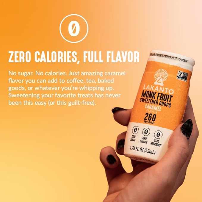 Lakanto Liquid Monk Fruit Extract Drops, Caramel - Erythritol Free Sugar Substitute Sweetener For Tea, Coffee, Smoothies, Yogurt, Cereal, Cocktails, Sugar Free, Vegan, Keto, Zero Sugar (1.76 Fl Oz)
