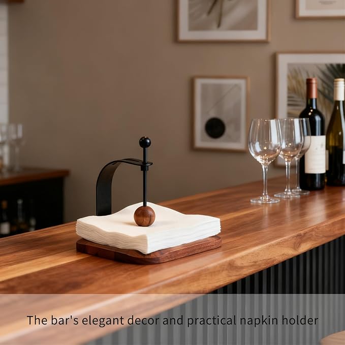 North American Walnut Napkin Holder for Table - Nordic Style Wooden Cocktail Napkin Holder Fits 5-7" Napkins - Windproof Dispenser for Kitchen, Coffee Bar, Cocktail Bar (Gift Idea)