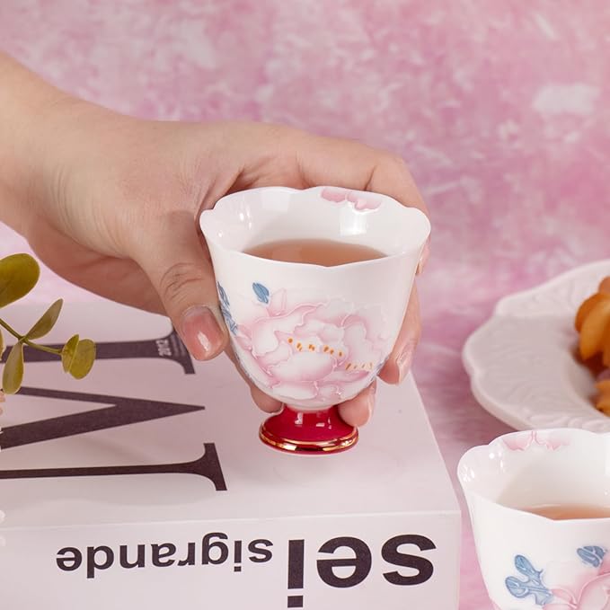 KAMMAK Tea Cup Set of 2 Small Tea Cups 2.8oz Floral Porcelain Tea Cup Set, Asian Ceramic Teacups for Home, Party, Office, Chinese Kung Fu Tea Set for Hot/Cold Drink