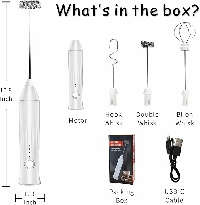 Rechargeable Milk Frother Wand 3 in 1, Handheld Drink Mixer Electric Whisk Stirrer Coffee Foam Frother with 3 Stainless Steel Whisks, 3 Speeds, Protein Powder Mixer for Cappuccino, Xmas Gift, White