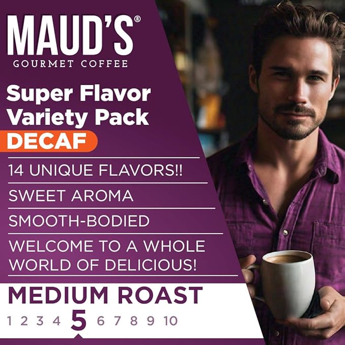 Maud's Flavored Decaf Coffee Pods Variety Pack, 80 ct,14 Assorted Roasts & Flavors, Decaf Medium Roast Coffee in Recyclable Single Serve Pods - 100% Arabica Coffee, Compatible with Keurig K Cups Maker