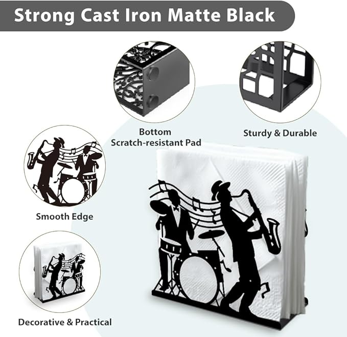 Jazz Live Performance Decorative Black Metal Napkin Holder for Table, 5.3" x 4.9" x 1.9" Sheet Music Standing Napkin Holder for Home Kitchen Restaurant Picnic Party Coffee Bar Dining Room