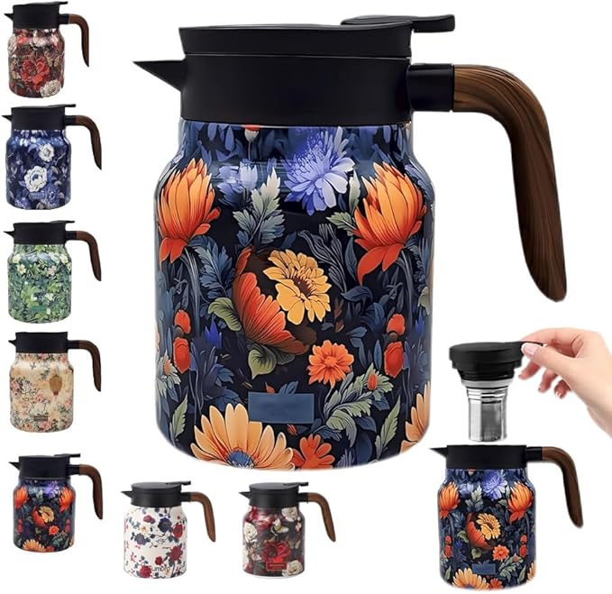 Vintage Floral Pattern Tea Pots – Built-in Infuser,Vintage Floral Teapot with Built In Infuser Stainless Steel Thermal Carafe with Lid for Hot Drinks,Purple(Wooden handle,35oz)