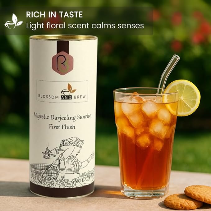 Blossom & Brew Majestic Darjeeling Sunrise First Flush Black Tea (3.52oz) – Whole Leaf from Teesta Valley – Rich Flavored & Aromatic Breakfast Brew – Caffeinated Indian Tea for Hot or Iced Beverages