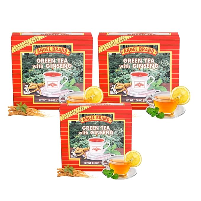 Angel Brand Green Tea with Ginseng Tea Bags, 25 Bags per Box, Pack of 3, Traditional Green Tea Blend with Ginseng Root, Smooth Balanced Flavor