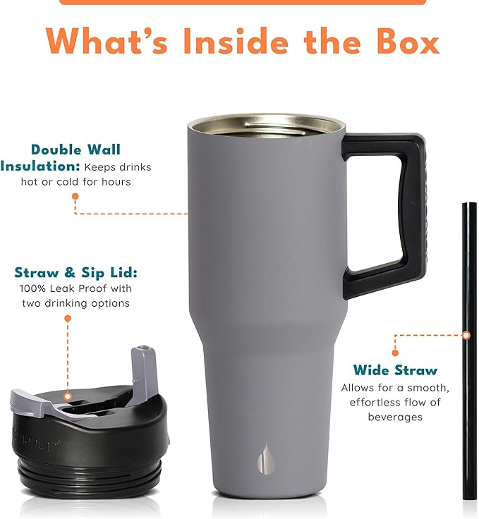 Elemental 32 oz 100% Leak Proof Tumbler with Handle & Straw - Stainless Steel Double Wall Insulated Tumbler for Hot and Cold Beverages - Travel Coffee Mug with Sip & Straw Lid - Graphite