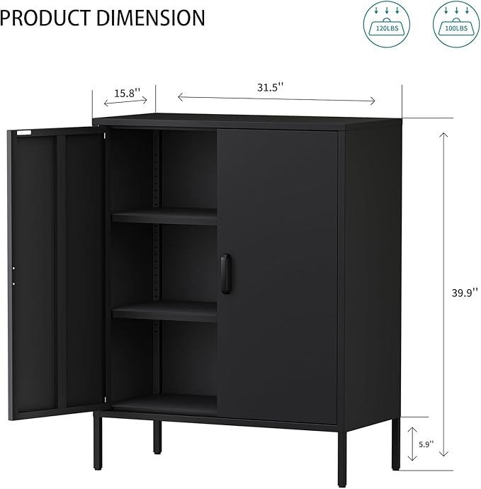 Metal Locker Storage Cabinet, Accent Sideboard Cabinet with Adjustable Shelves for Home Office, Garage, Kitchen, Living Room (Black, 40" H-Metal Doors)