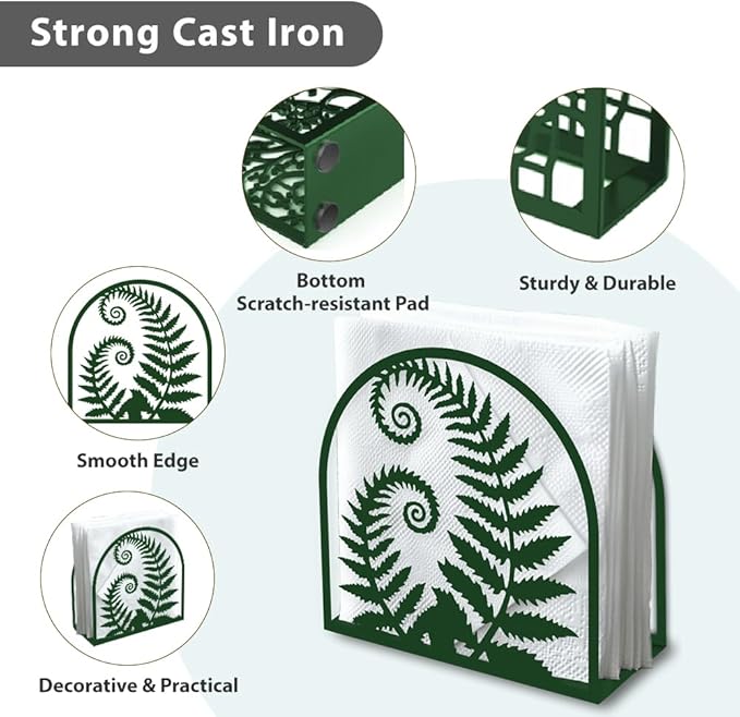Fern Plant Decorative Green Metal Napkin Holder for Table, 5.9" x 5.9" x 1.9" Fern Leaf Standing Napkin Holder for Home Kitchen Restaurant Picnic Party Coffee Bar Dining Room