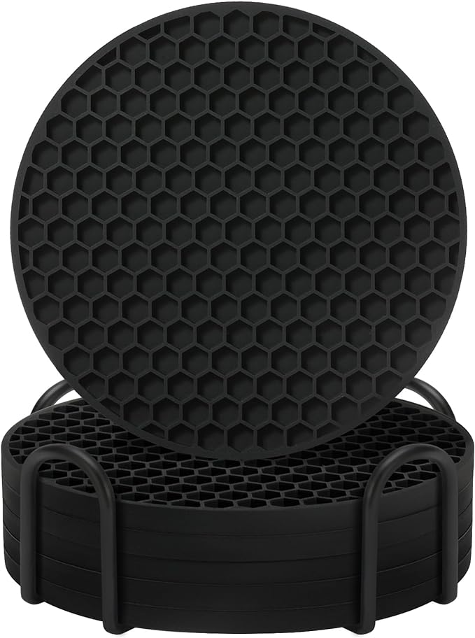 Coasters Set of 6 with Holder,Coasters for Drinks,Coffee Table Decor Coaster,Suitable for Kinds Cups,Anti-Slip,Non-Stick,Silicone Cup Coaster and Living Room Decor (6 Pcs, Black)