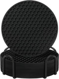 Coasters Set of 6 with Holder,Coasters for Drinks,Coffee Table Decor Coaster,Suitable for Kinds Cups,Anti-Slip,Non-Stick,Silicone Cup Coaster and Living Room Decor (6 Pcs, Black)