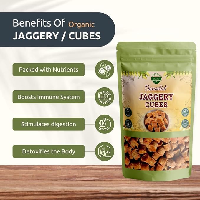 Danodia Foods Organic Jaggery Cubes 1 lb (450g), Pure & Natural, No Additives Sweetener, Vegan & Gluten-Free, Nutrient-Rich Alternative to Refined Sugar for Tea & Coffee, Indian Origin